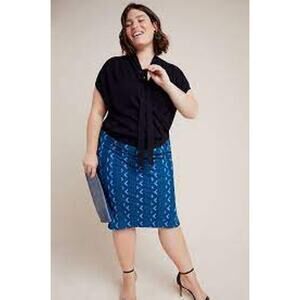 Anthropologie Plus Geometric Embroidered Pencil Skirt Teal Blue Women 24W